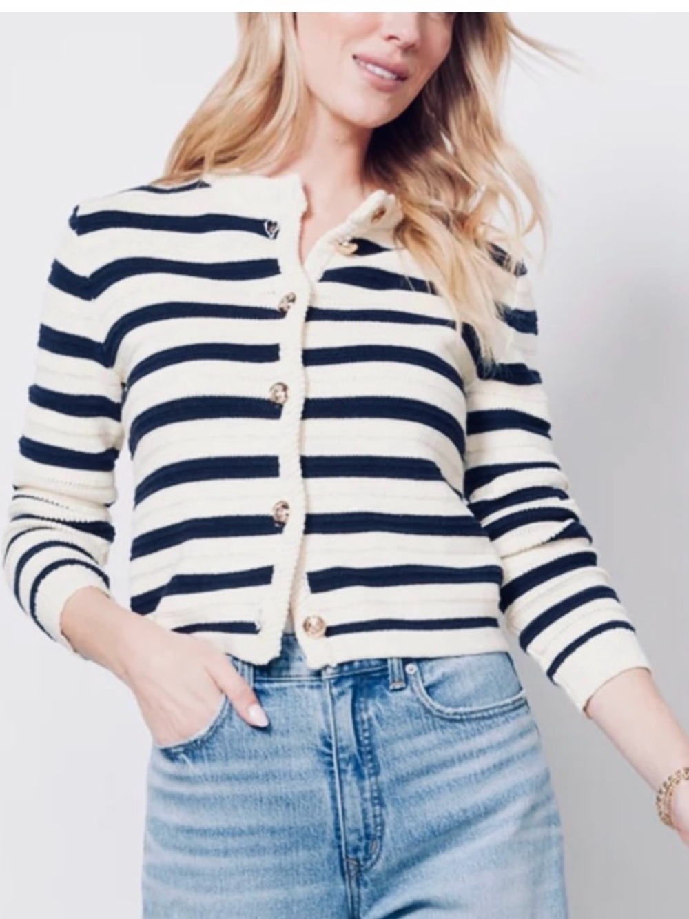 Striped Navy and Cream Button-Up Knit Sweater